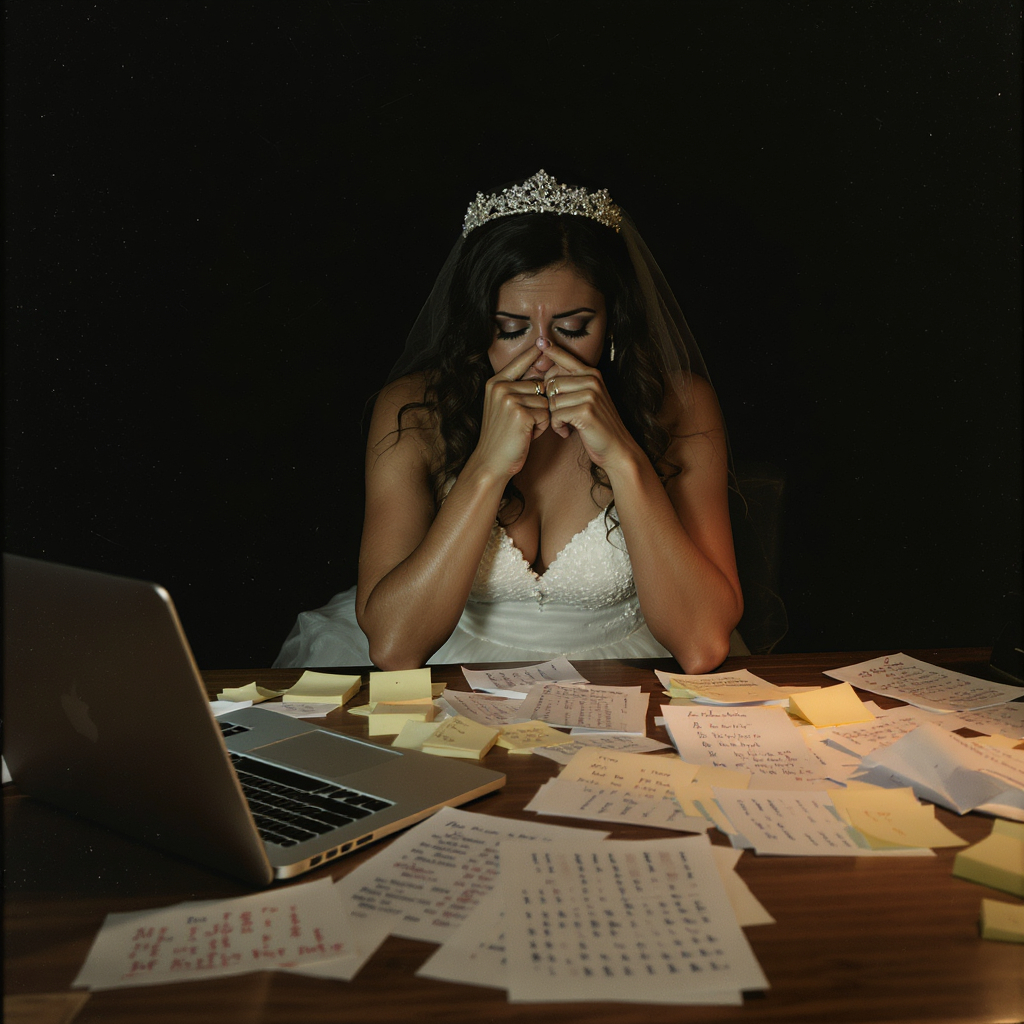 A bride overwhelmed at a desk buried in scattered paper RSVP cards and a cluttered spreadsheet