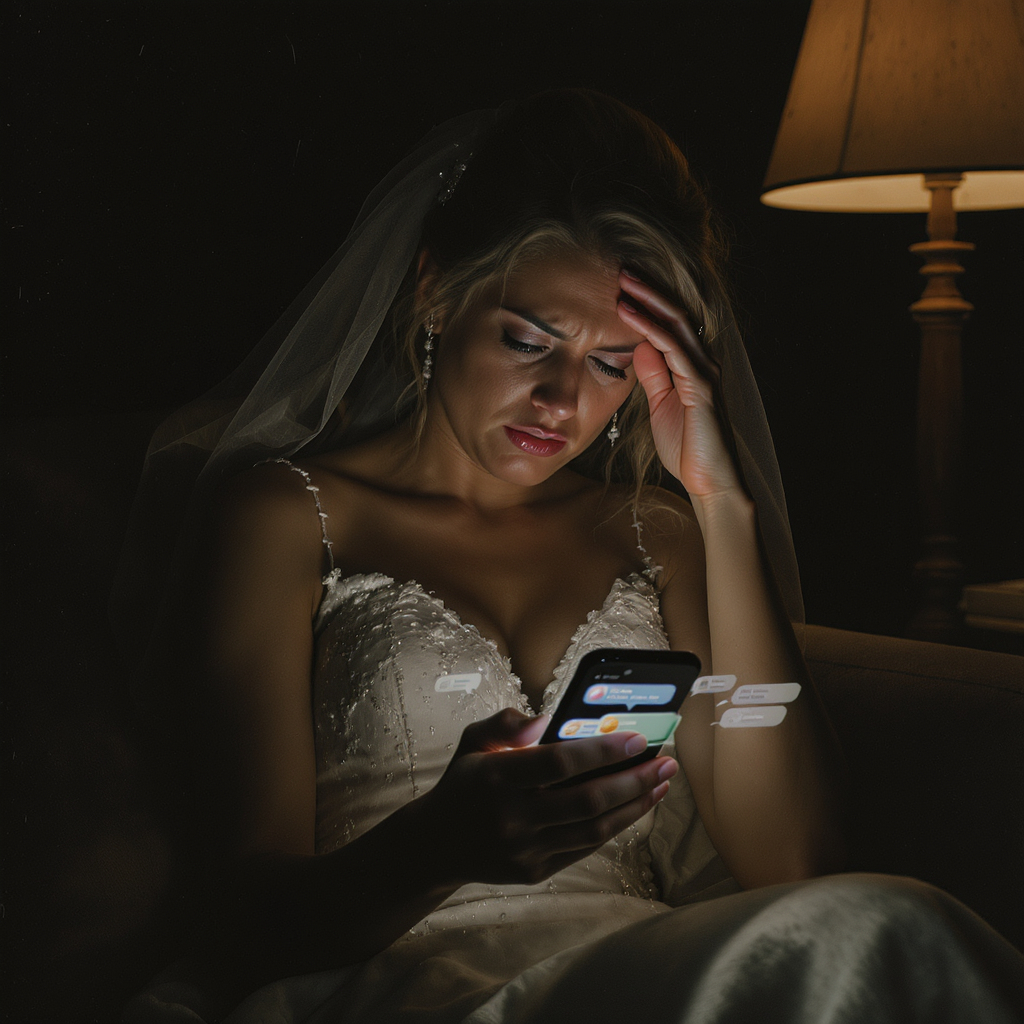 A frustrated bride staring at her phone flooded with the same guest questions over and over