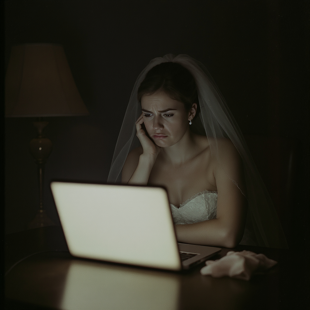 A couple looking disappointed at a dated, generic event page on a laptop
